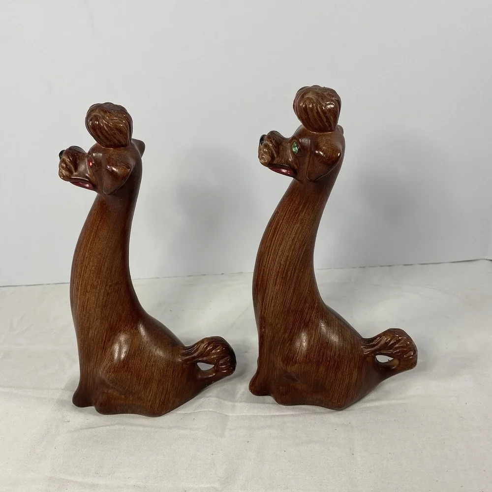 Vintage Dog Figurine Pair Faux Wood Mid Century Style Retro Decor Hong Kong